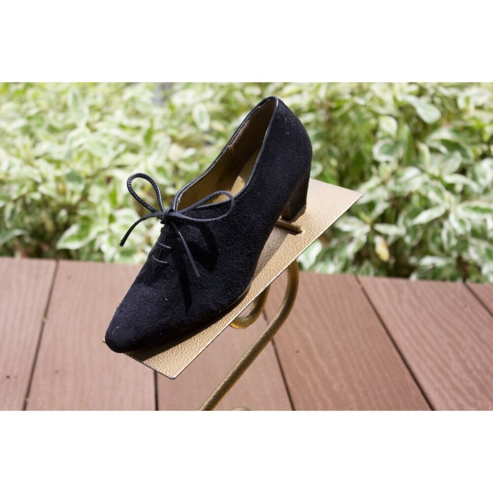 Vintage 1970's P. S. Women's Black Suede Pumps Lace Up Size 4 Made In Spain